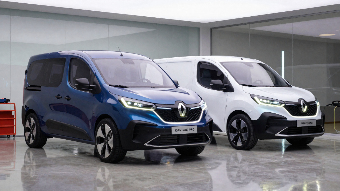 Two Renault Kangoo Pro vans, one blue and one white, parked indoors on a polished floor.