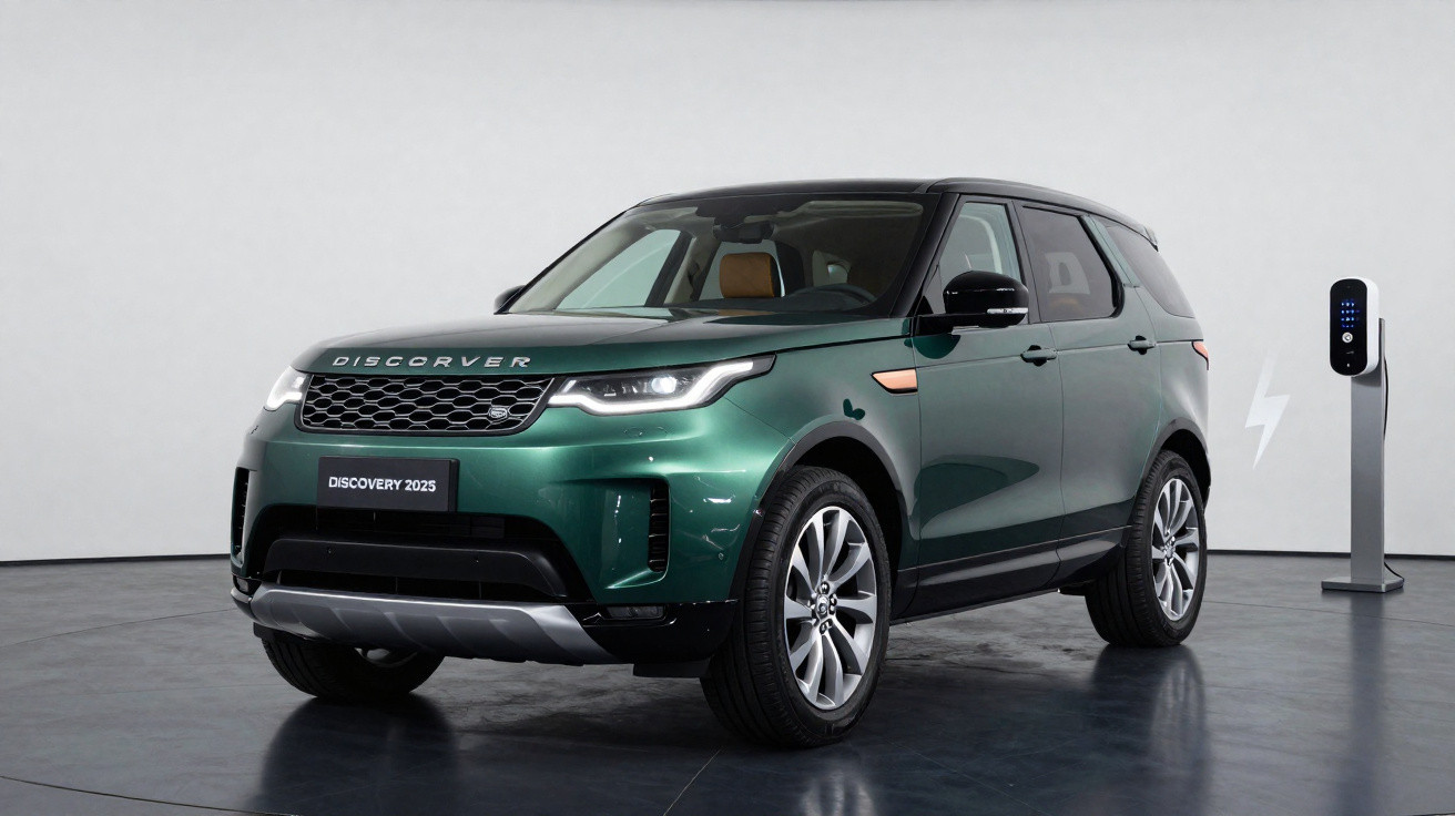 Green 2025 Land Rover Discovery SUV parked indoors next to an electric vehicle charging station.