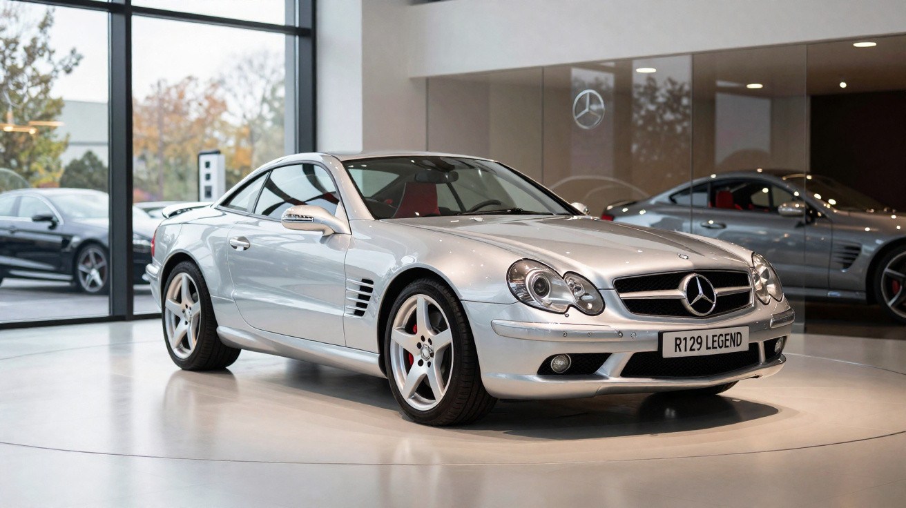 Silver Mercedes-Benz R129 SL-Class coupe with red interior displayed in a showroom with glass windows.
