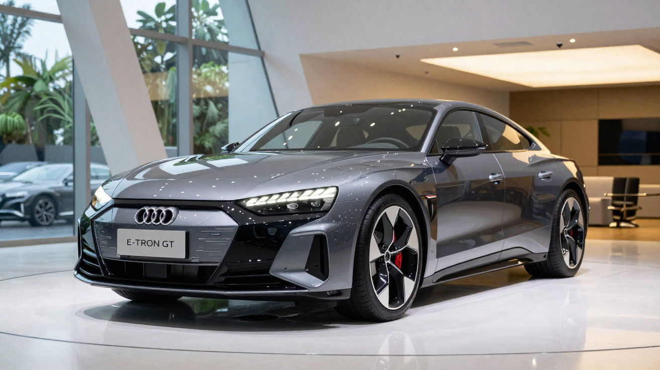 Audi E-Tron GT electric sports car in metallic grey displayed indoors on a glossy white floor.