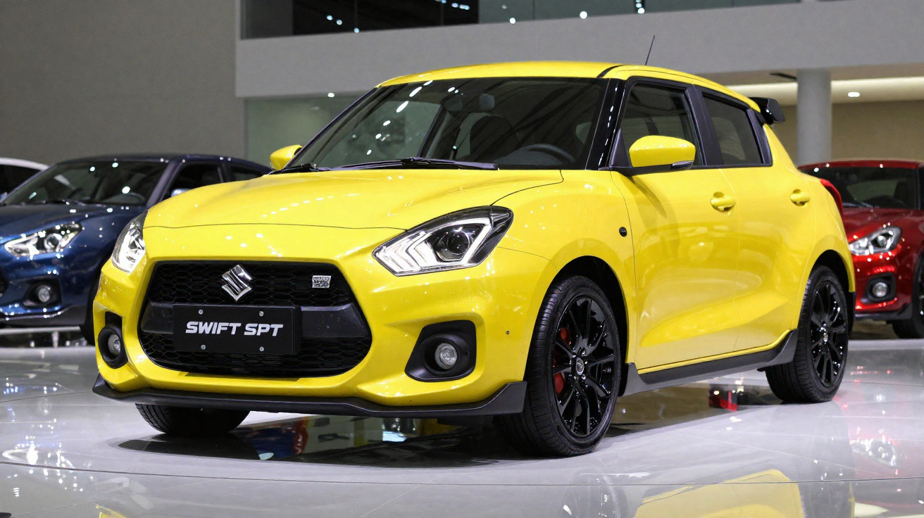 Yellow Suzuki Swift SPT hatchback displayed indoors with black accents and sporty design.