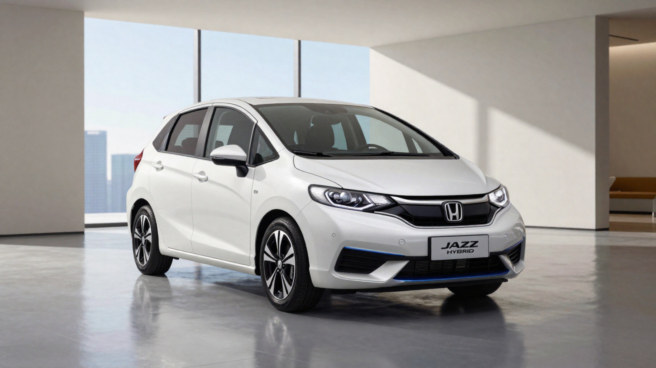 White Honda Jazz Hybrid hatchback parked indoors with cityscape visible through windows.