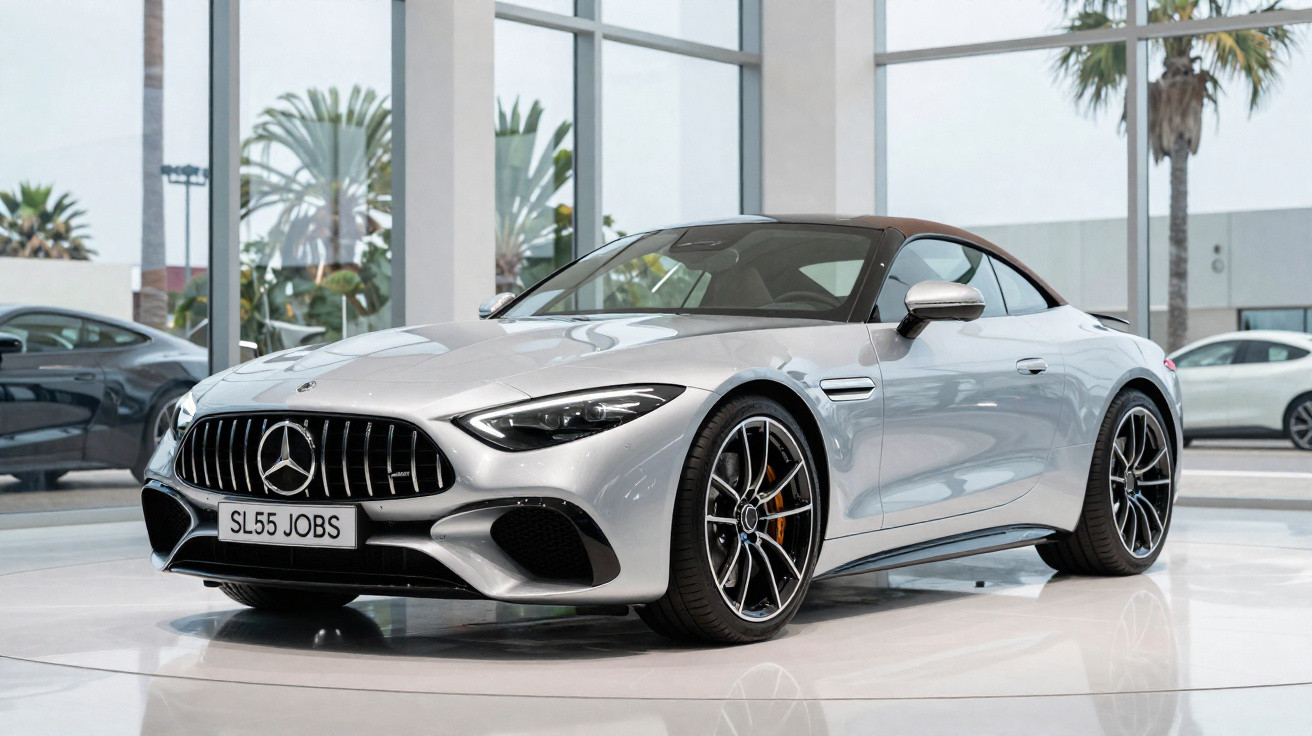Silver Mercedes-Benz sports car with black soft top displayed in a bright glass-walled showroom.