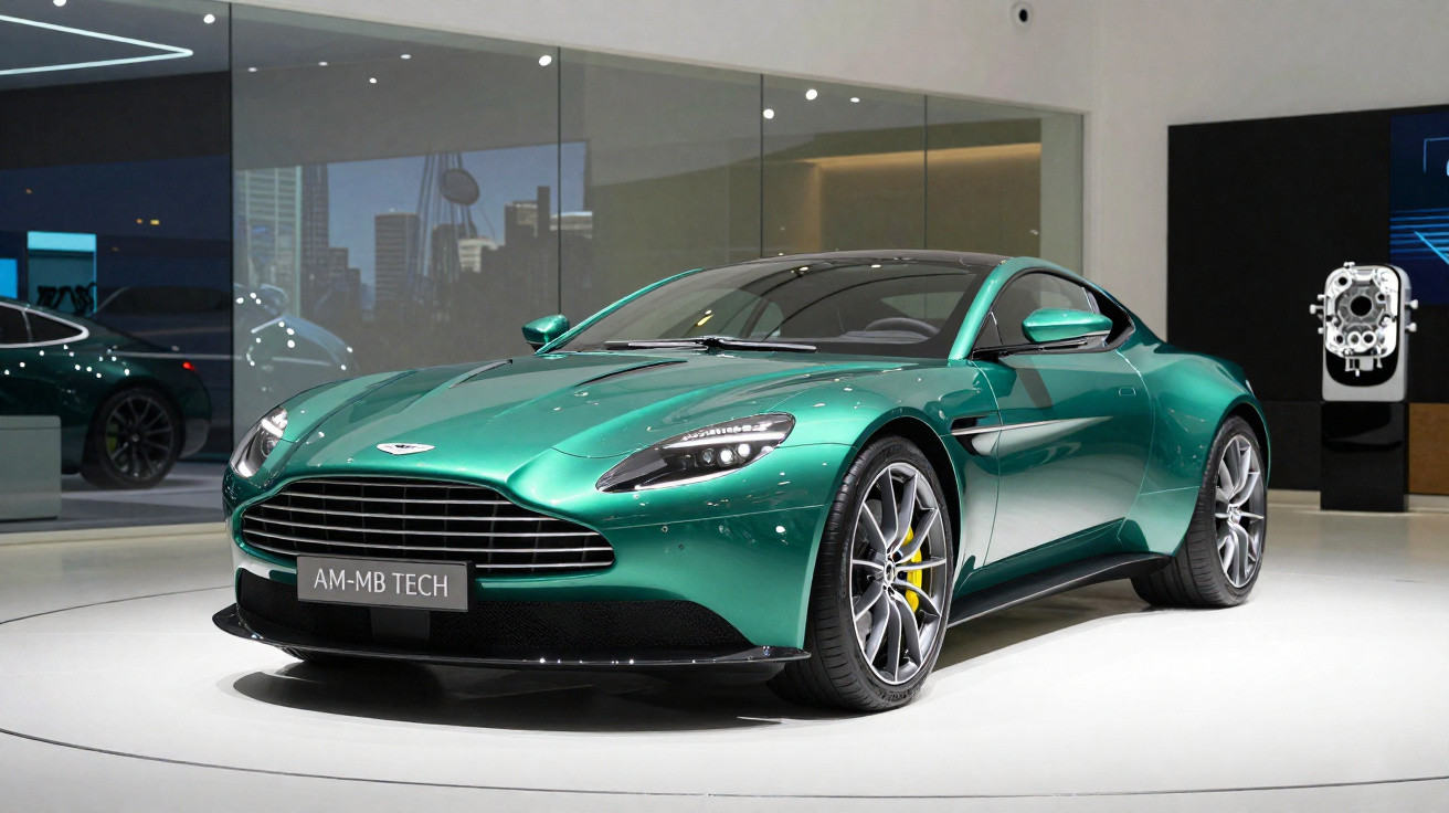 Green Aston Martin sports car displayed in a showroom with polished floors and glass walls.