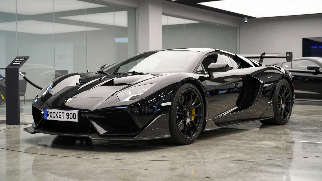 Black Lamborghini supercar with Rocket 900 license plate displayed indoors on polished concrete floor.