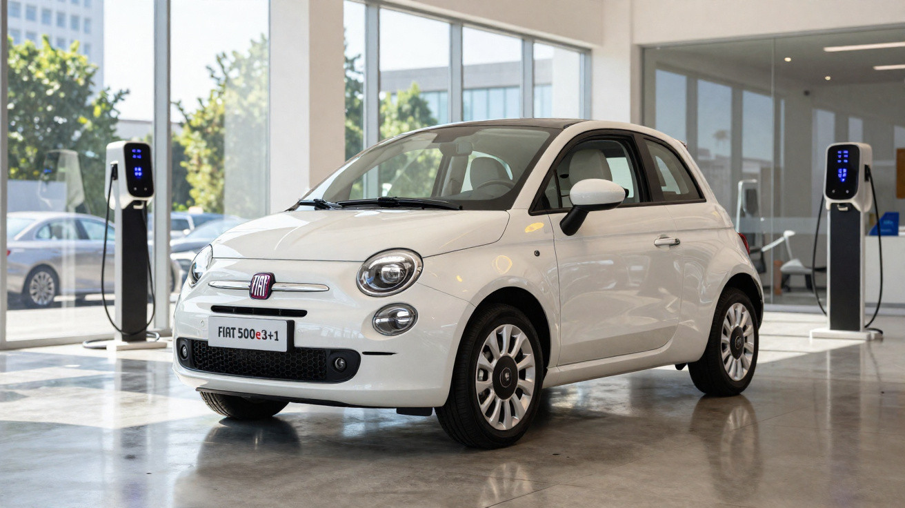White Fiat 500 electric car displayed indoors near two charging stations with large windows in background