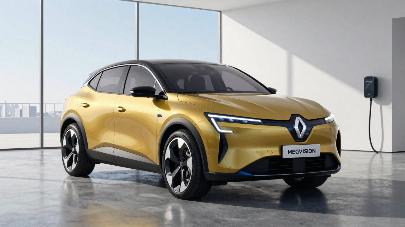 Gold Renault Megane E-Tech electric car parked indoors near a wall-mounted charging station.