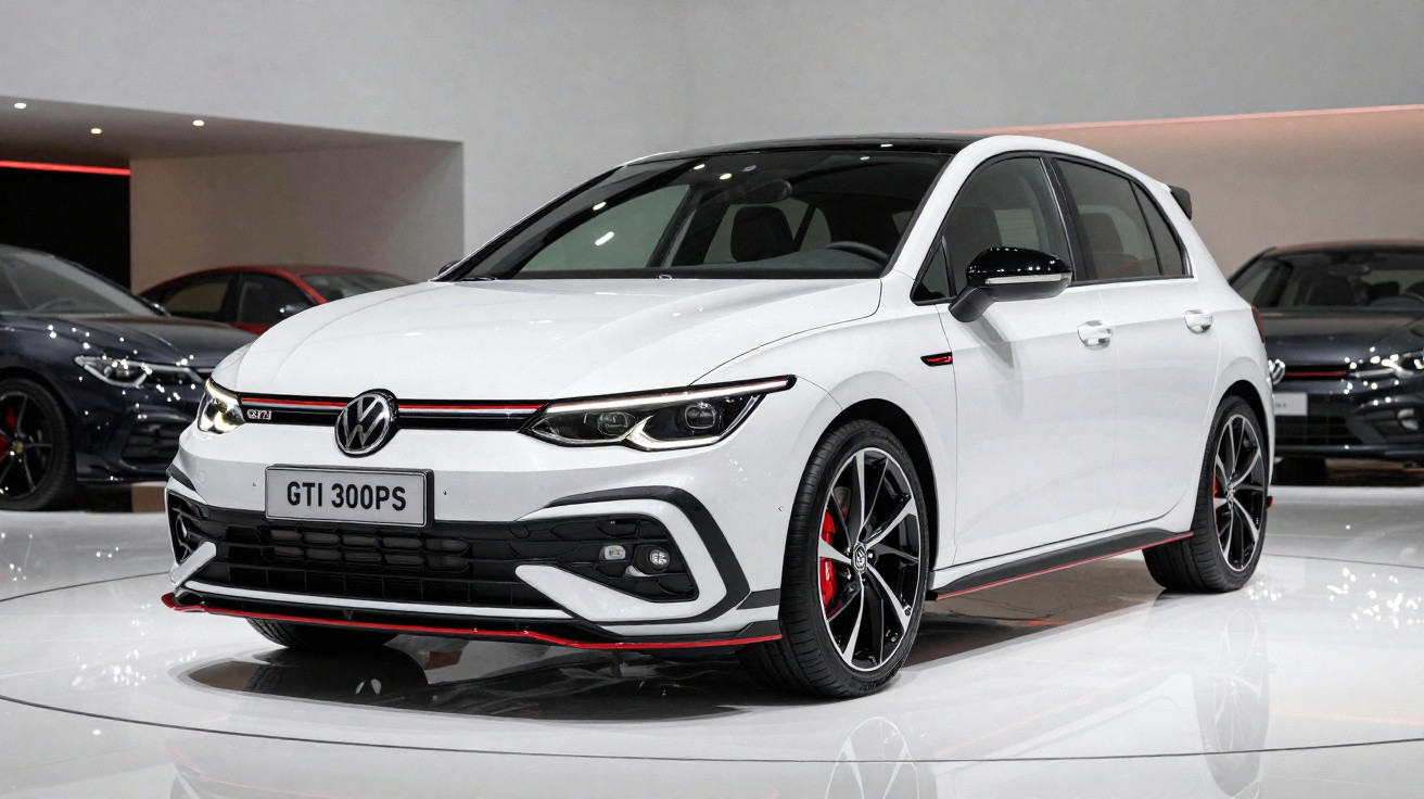 White Volkswagen GTI 300PS hatchback car displayed indoors with sporty red and black accents.