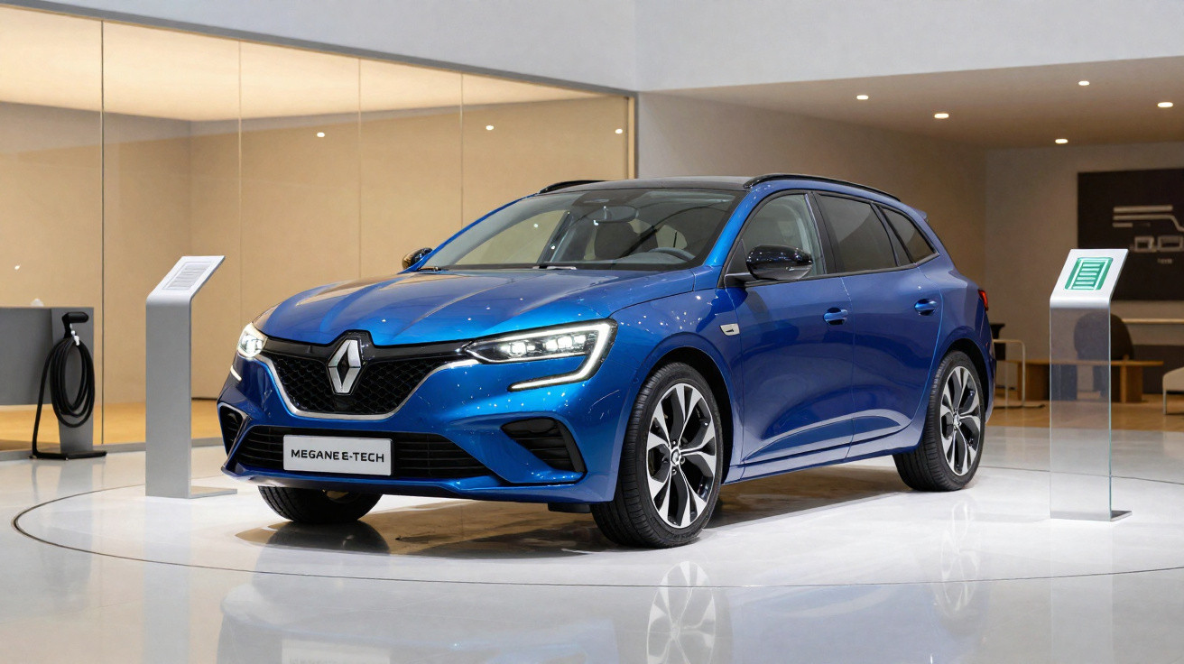 Blue Renault Megane E-Tech electric car displayed in a modern showroom with charging station.