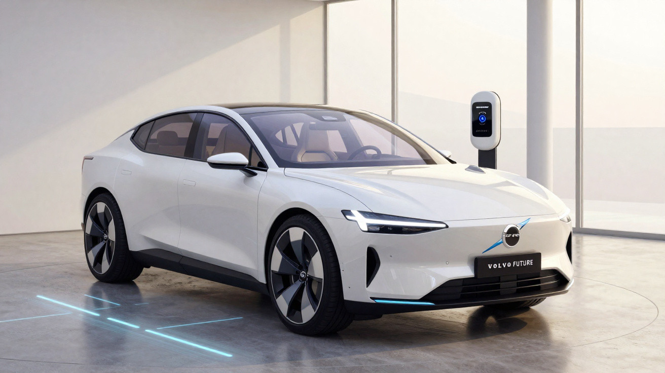 Sleek white Volvo electric car parked indoors beside a wall-mounted charging station in modern showroom.