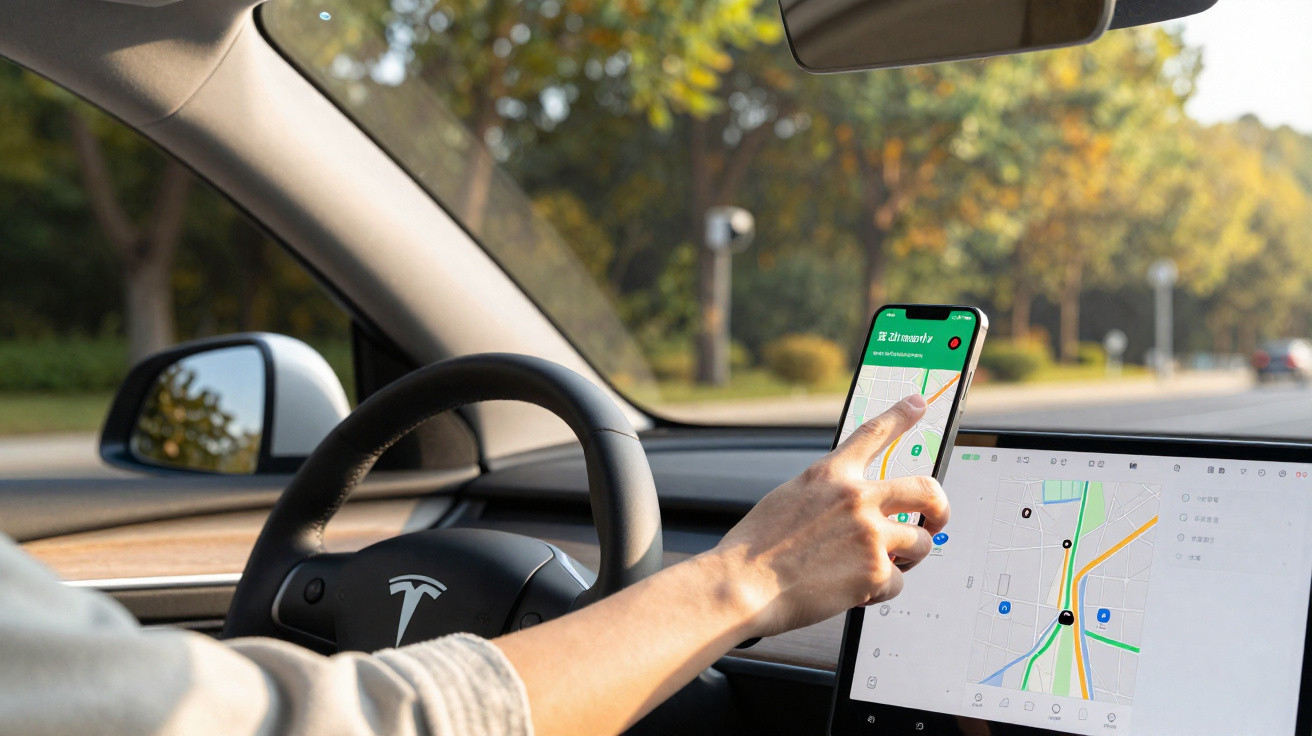 Person using a smartphone with navigation app inside a Tesla car showing maps on both phone and dashboard screen.