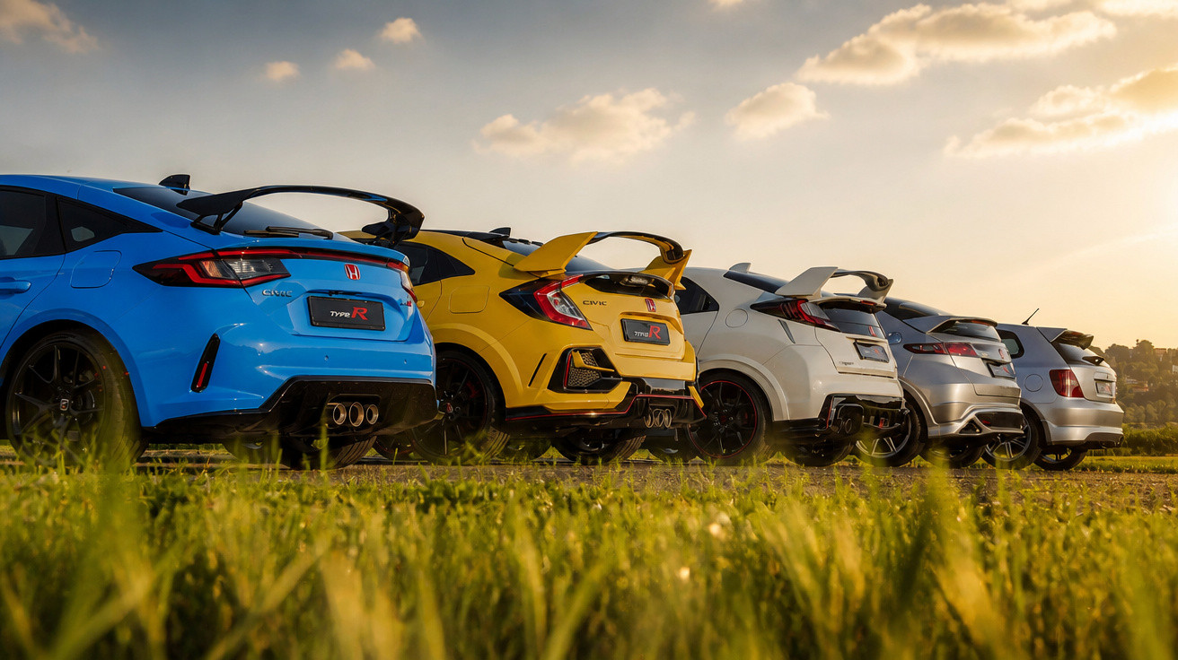 Rear view of five parked sporty hatchback cars in blue, yellow, white, silver, and grey under a cloudy sky.