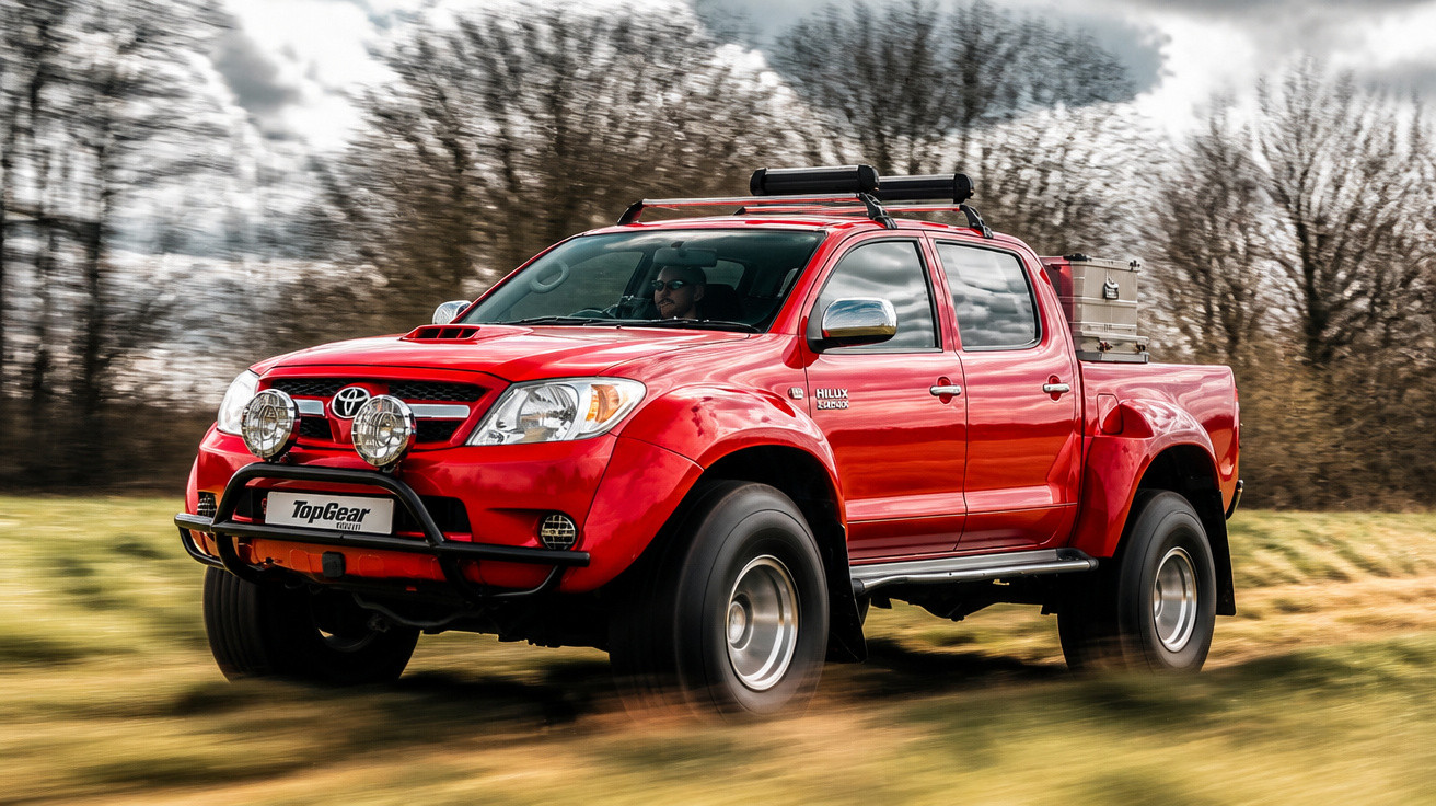 Red Toyota Hilux pickup truck with off-road lights driving on grassy terrain with blurred background trees.