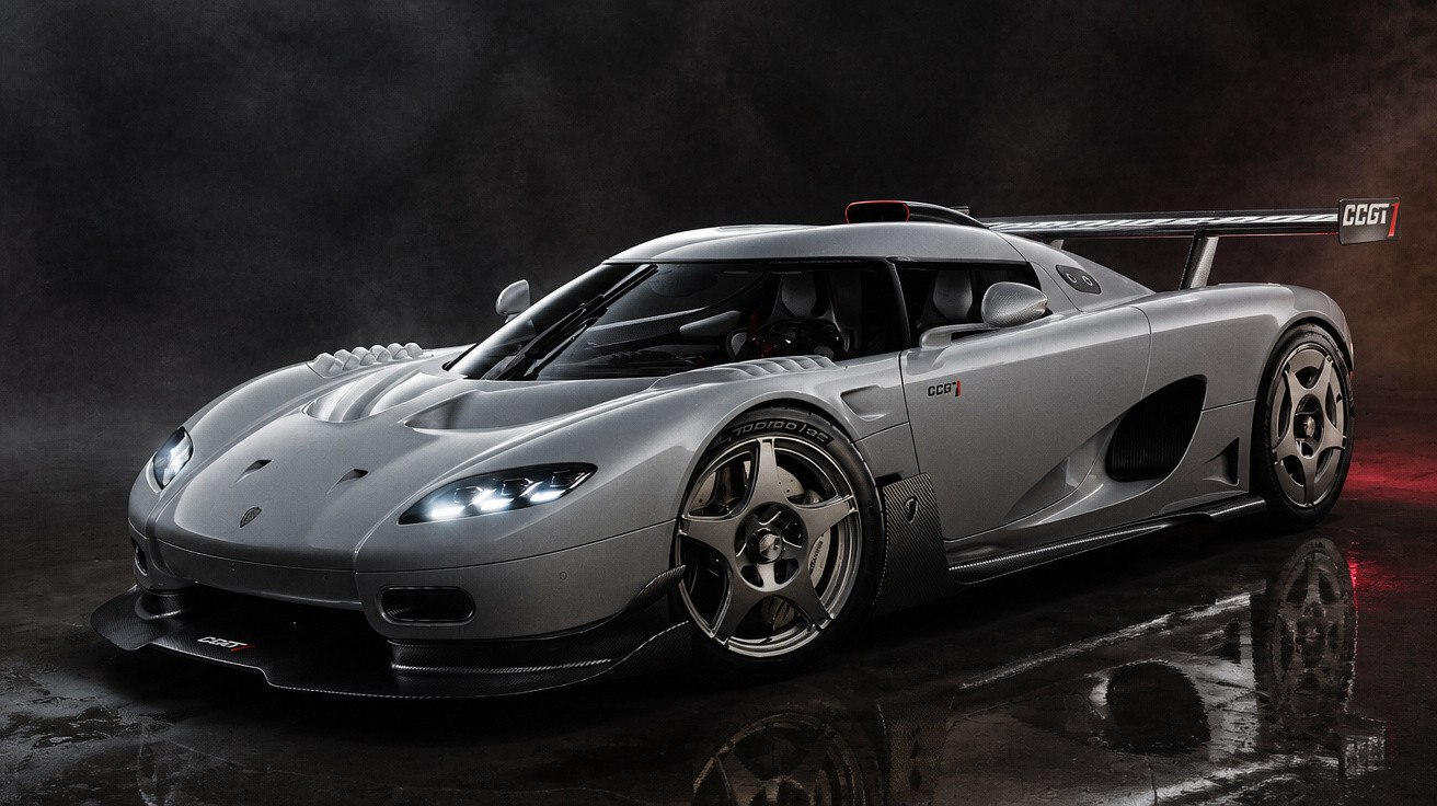 Silver Koenigsegg CC GT1 hypercar with aerodynamic design and rear wing on reflective dark surface.