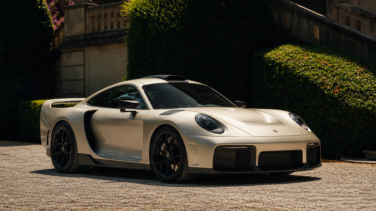 Silver Porsche 959 classic sports car parked on gravel in front of stone staircase and greenery.