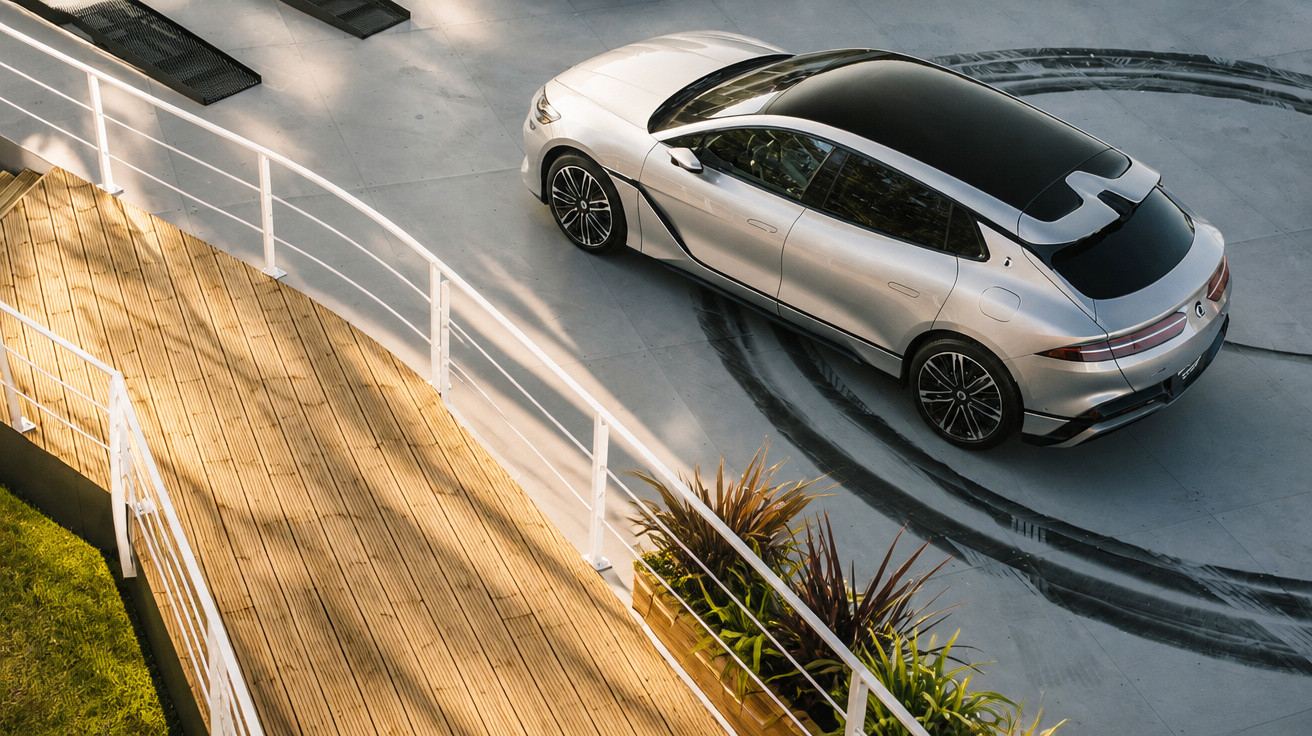 Silver electric SUV parked on concrete near wooden walkway with plants and white railing in daylight.