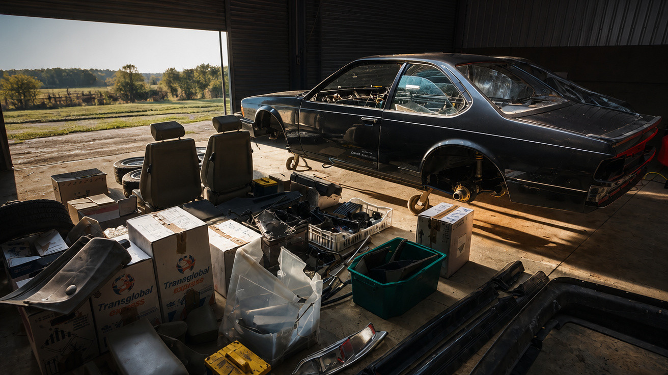 Black car suspended without wheels in a garage surrounded by spare parts and car seats in daylight.