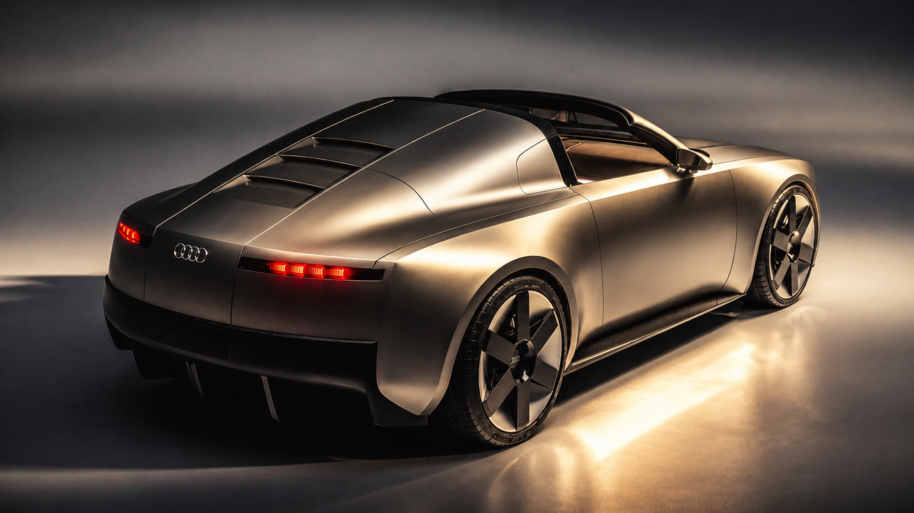 Rear-side view of a sleek silver Audi sports car with illuminated rear lights in a studio setting
