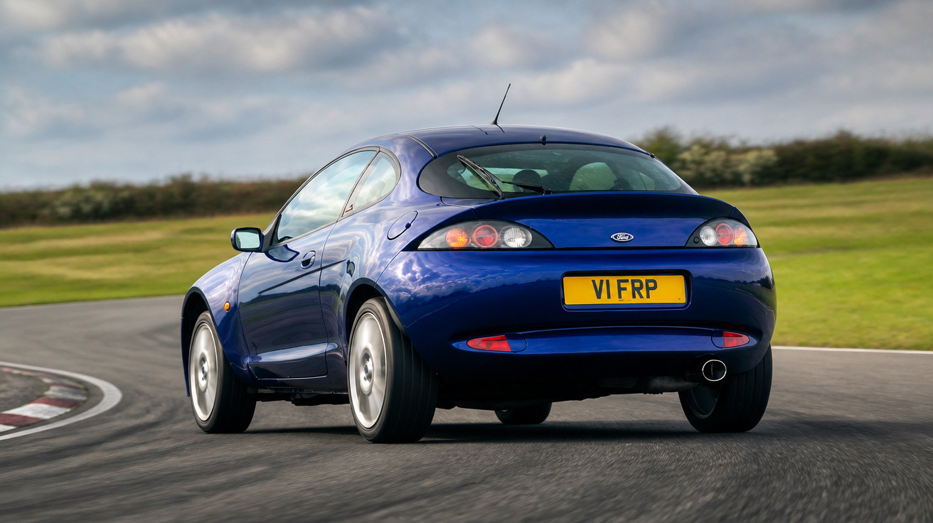 Blue Ford Puma driving on a racetrack with green grass and cloudy sky in the background.