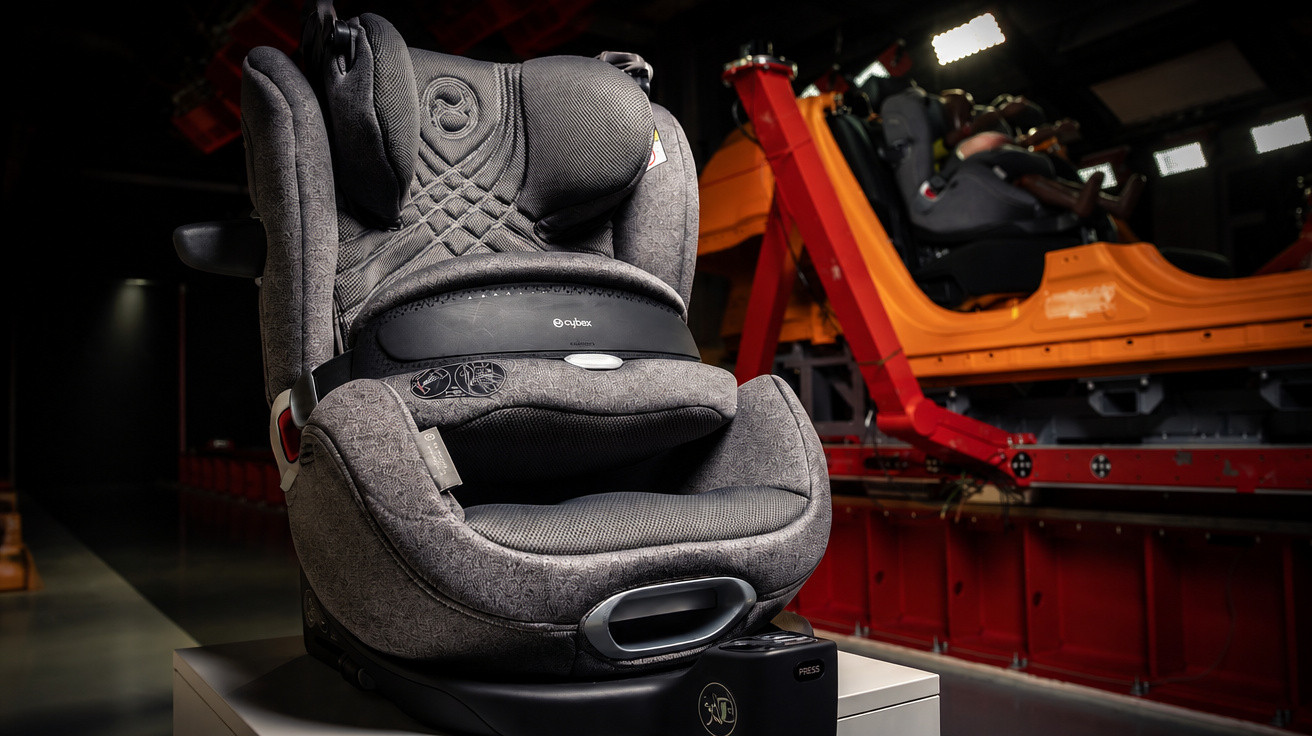 Grey Cybex child car seat displayed indoors near crash test rig with crash test dummies in background