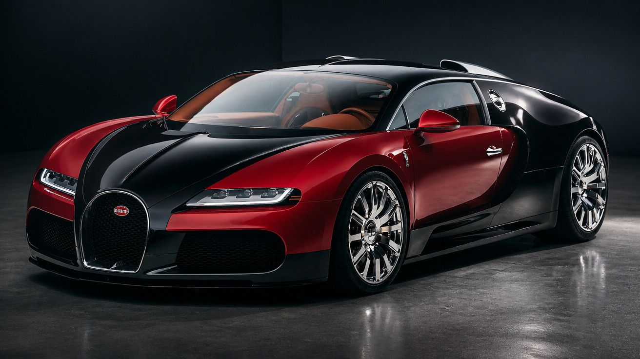 Red and black Bugatti Chiron sports car parked in a dark studio setting with glossy finish.