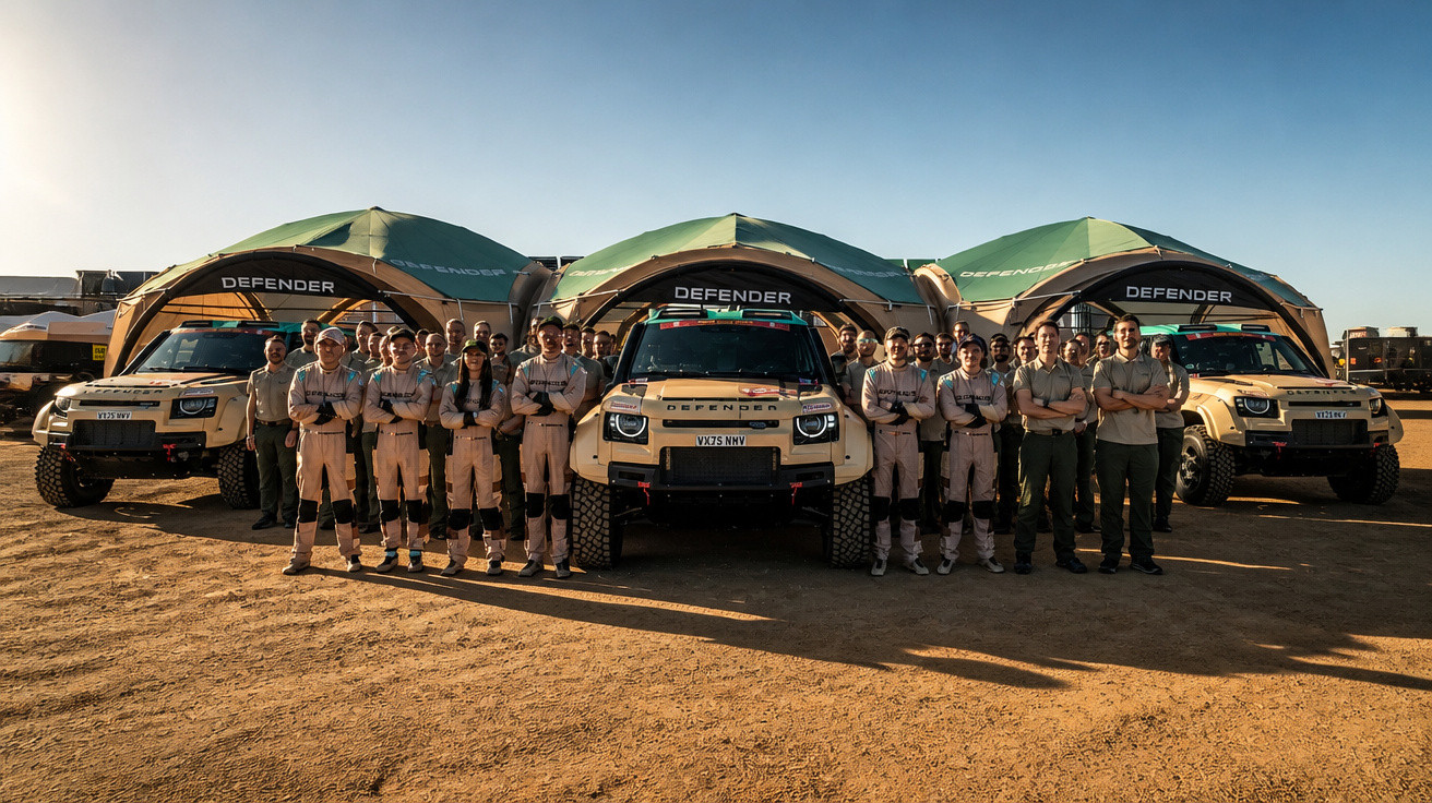 Group of people in matching uniforms standing in front of three Land Rover Defender vehicles and canopies on a dusty terrain.