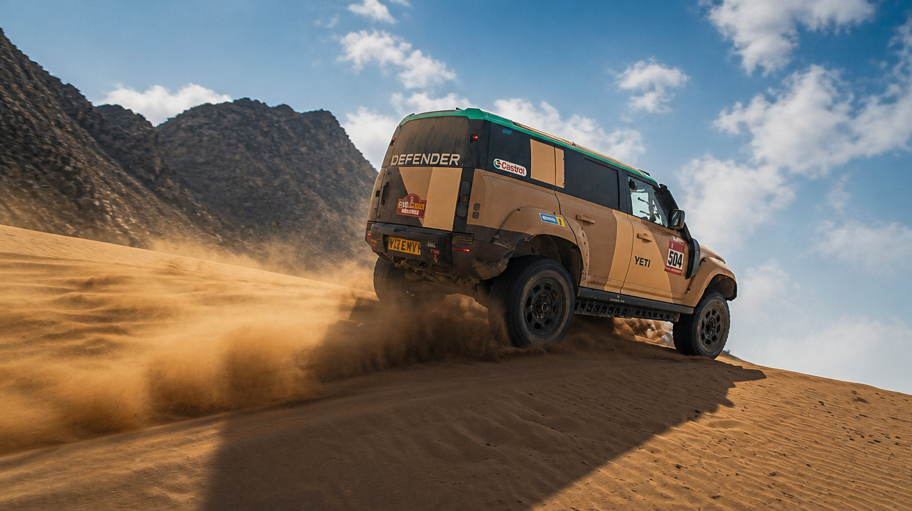 Off-road Land Rover Defender driving up sand dune with dust trail in desert under blue sky.