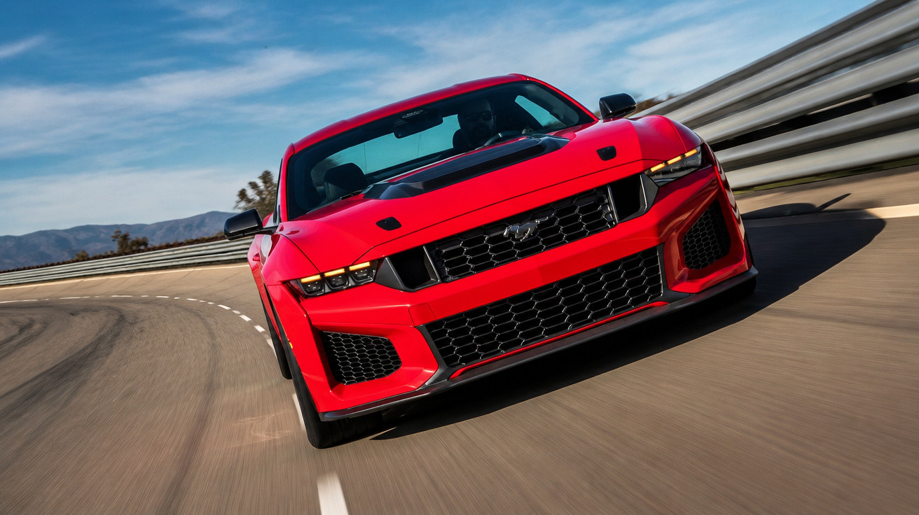 Red Ford Mustang sports car driving on a curved racetrack under a blue sky.