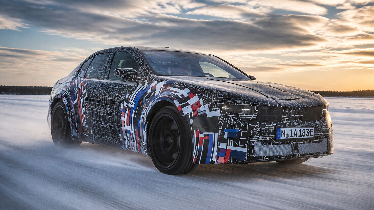 Electric car with camouflage wrap driving on snowy terrain at sunset.