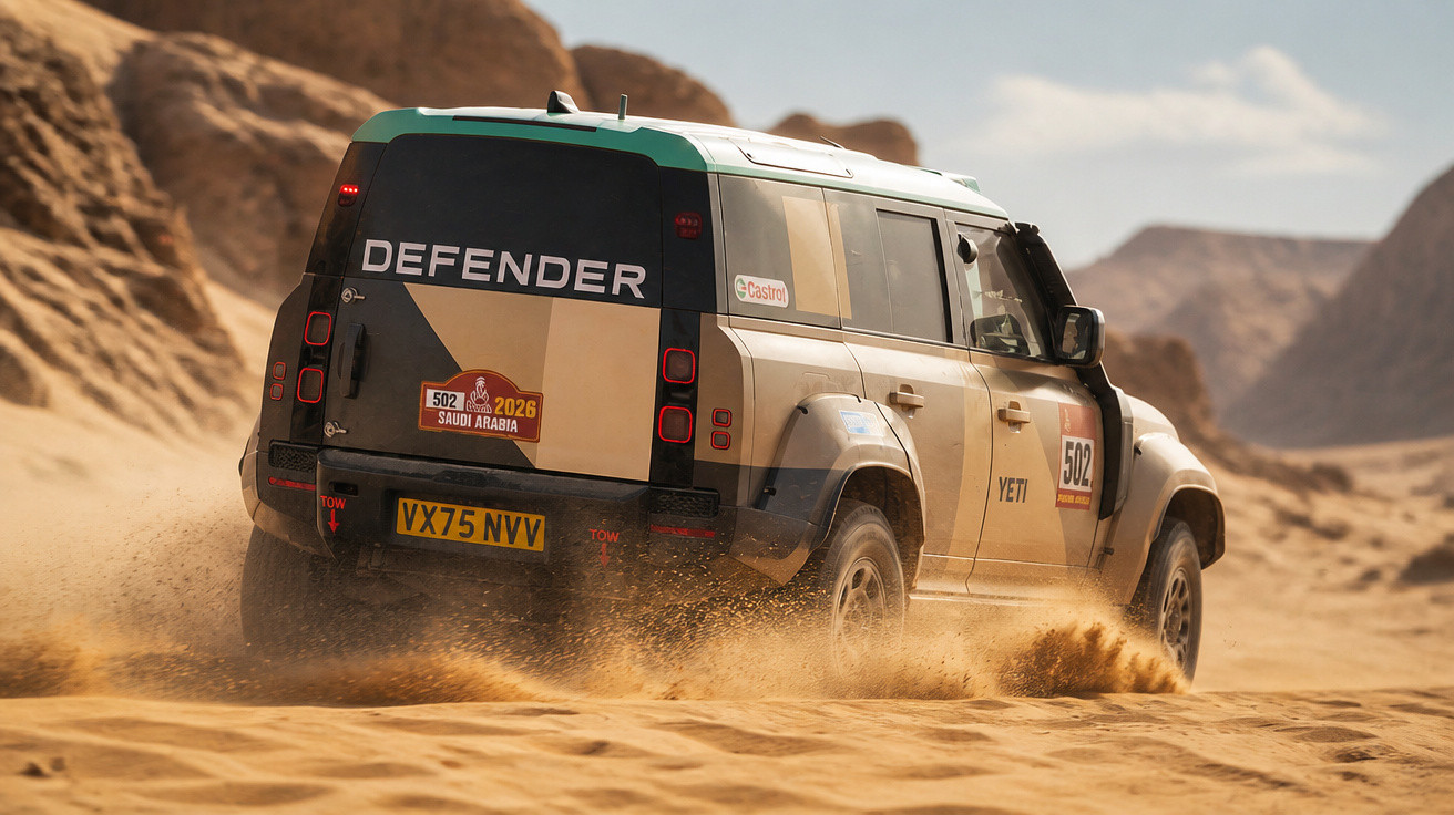 Land Rover Defender driving fast through desert sand with rocky hills in the background.
