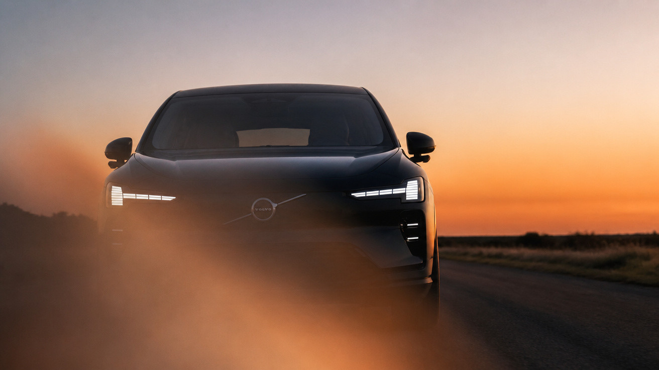 Front view of a black Volvo car driving on a road at sunset with headlights on and dust in the air.