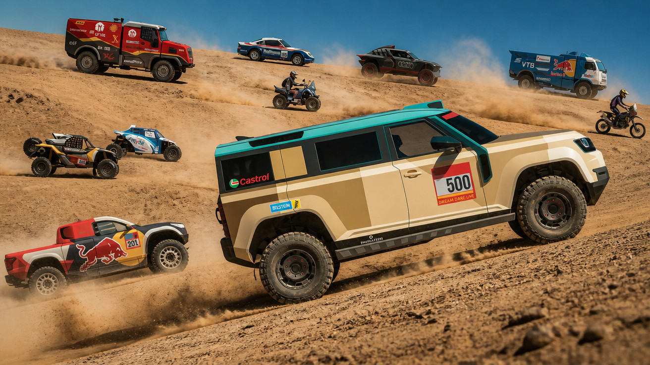 Off-road vehicles including trucks, buggies, motorbikes, and quad bikes racing up a sandy hill.