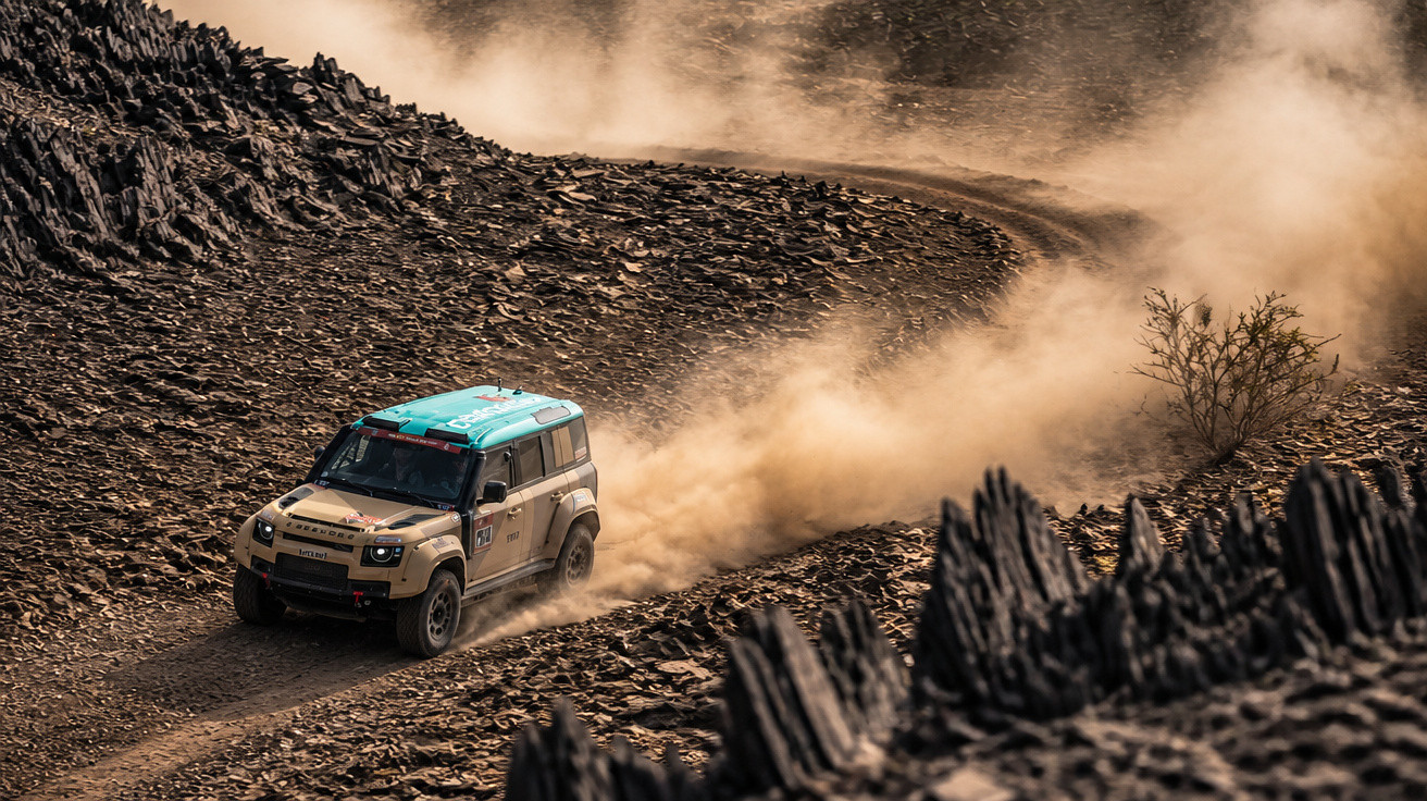 Off-road vehicle kicking up dust driving through a rocky, barren landscape with jagged rock formations.