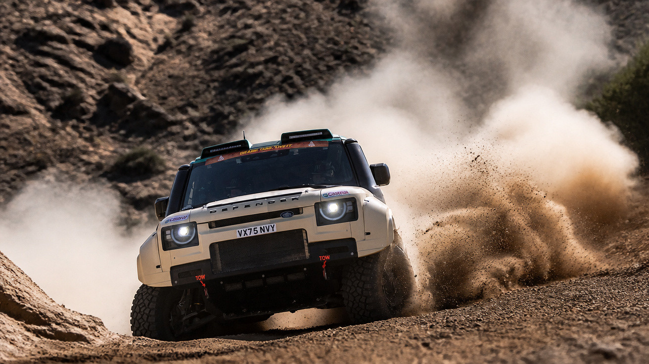 White Land Rover Defender kicking up dust while off-roading on a rocky dirt trail in a mountainous area.