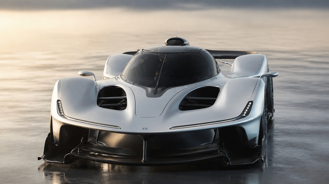 Sleek silver futuristic race car with aerodynamic design on a reflective surface at sunset.