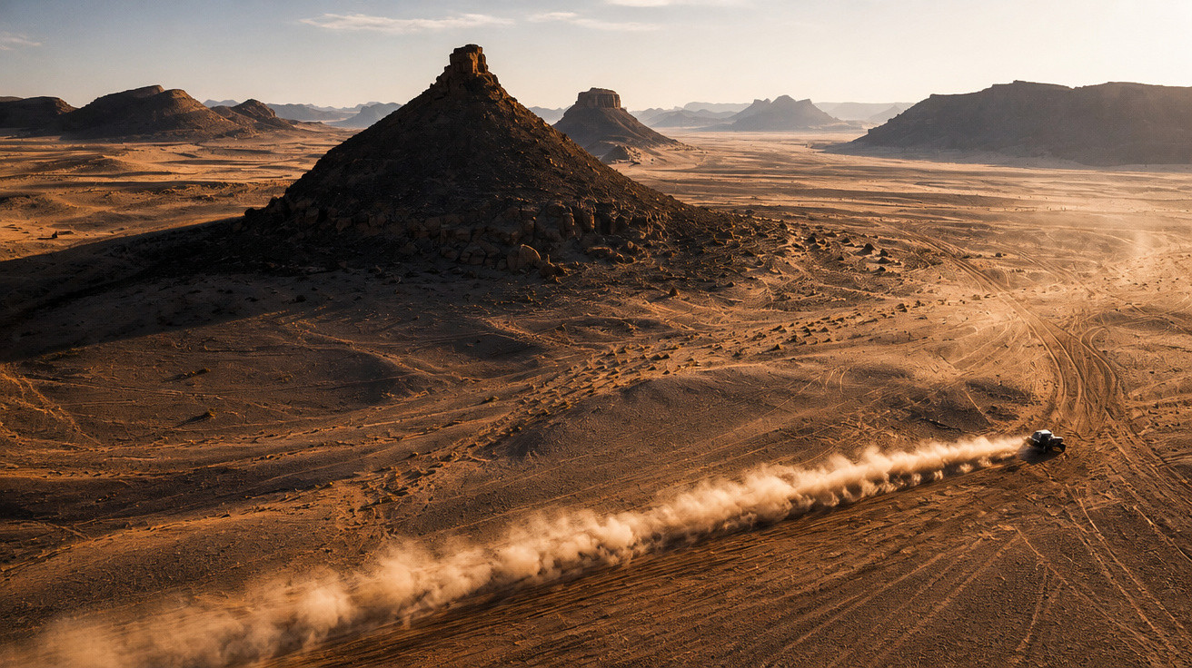 Off-road vehicle kicking up dust driving through a rocky desert landscape with hills in the distance.