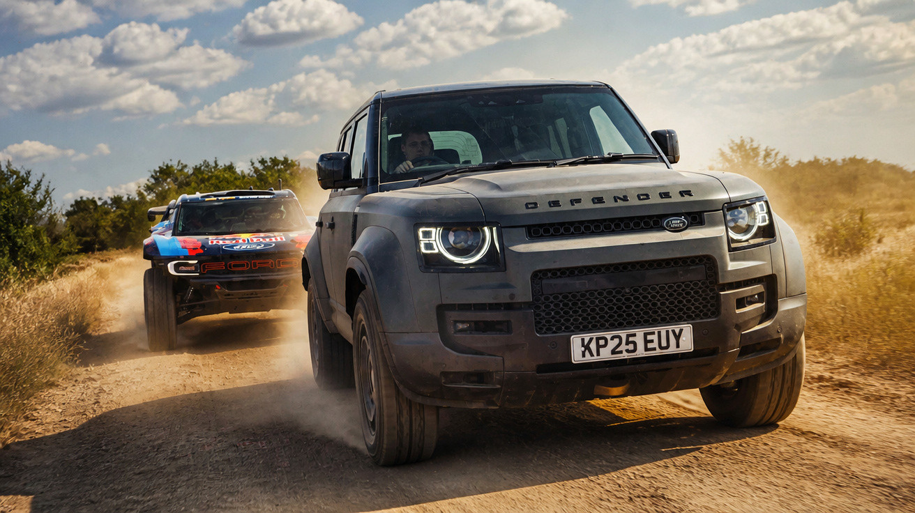 Two off-road vehicles driving on a dusty dirt road with a blue sky and clouds above.