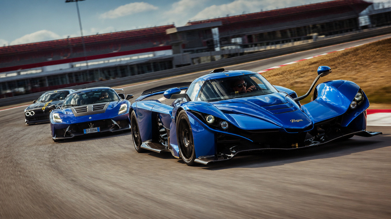 Three high-performance sports cars race on a curved track under a partly cloudy sky.