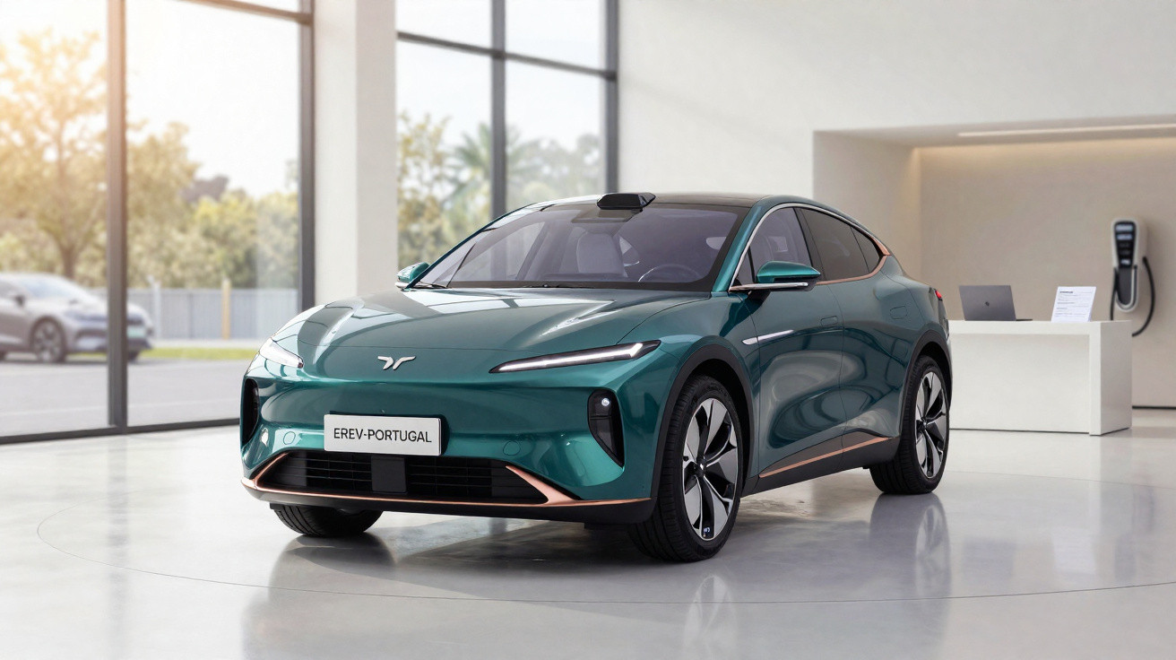 Sleek green electric car displayed in bright showroom with large windows and charging station in background.