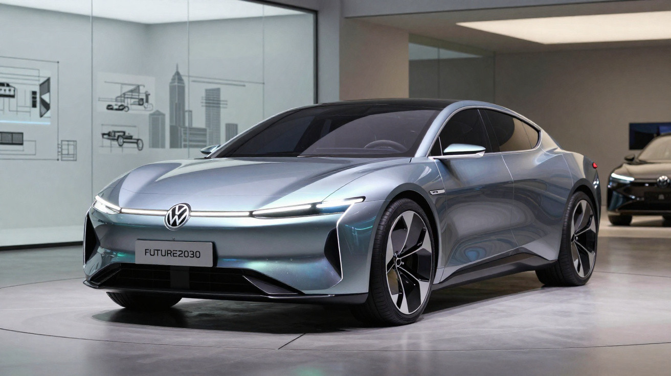 Silver Volkswagen FUTURE2030 electric concept car displayed in a modern showroom with sleek aerodynamic design.