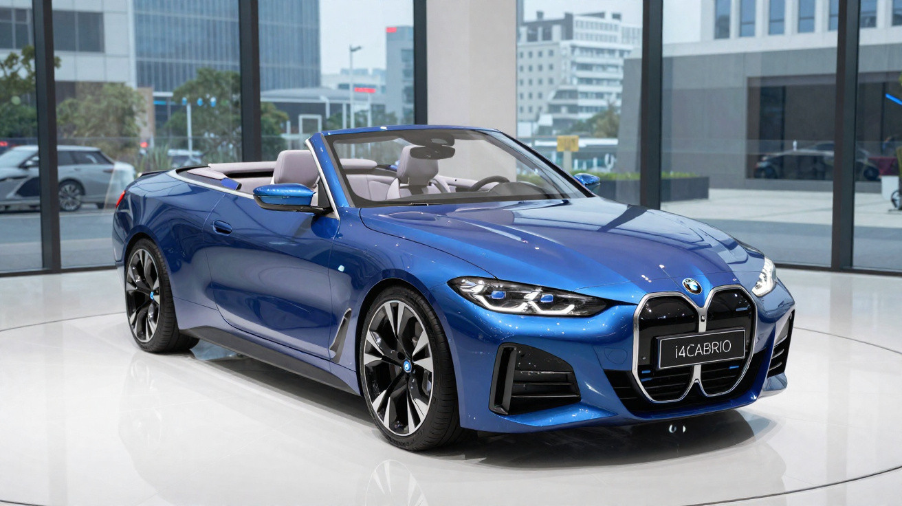 Blue BMW i4 Cabrio convertible park inside modern building with large glass windows and cityscape background.