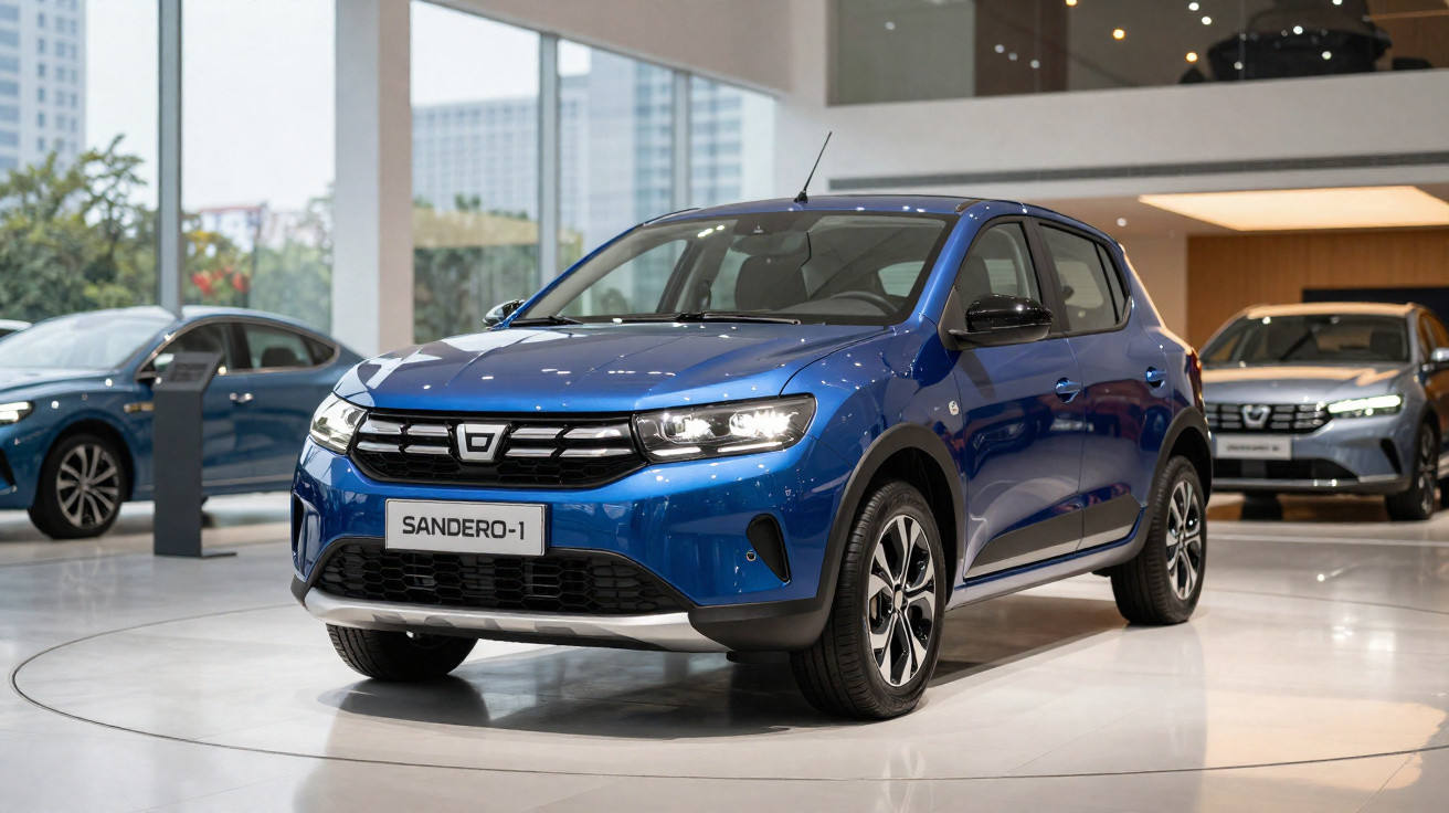Blue Dacia Sandero-1 hatchback displayed in a modern car showroom with other cars in the background.