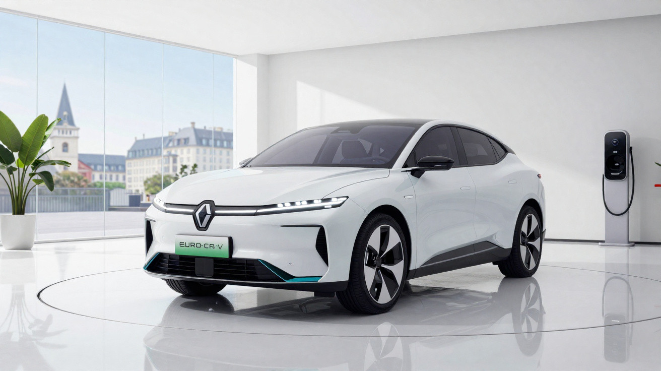 White Renault electric car on showroom floor near charging station and large windows with city view.