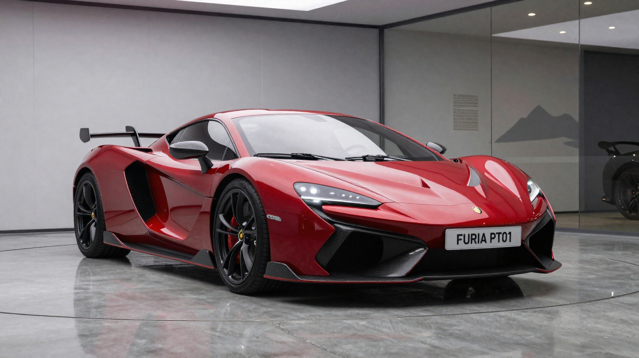Red McLaren Furia PT01 supercar with black accents displayed in a modern showroom with reflective floor.