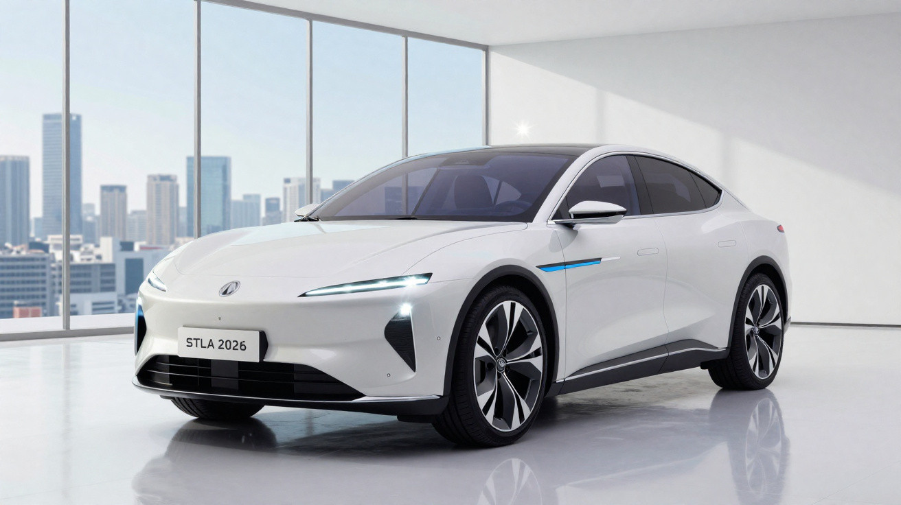 White sleek electric sedan with futuristic design in a bright showroom with cityscape visible through large windows.