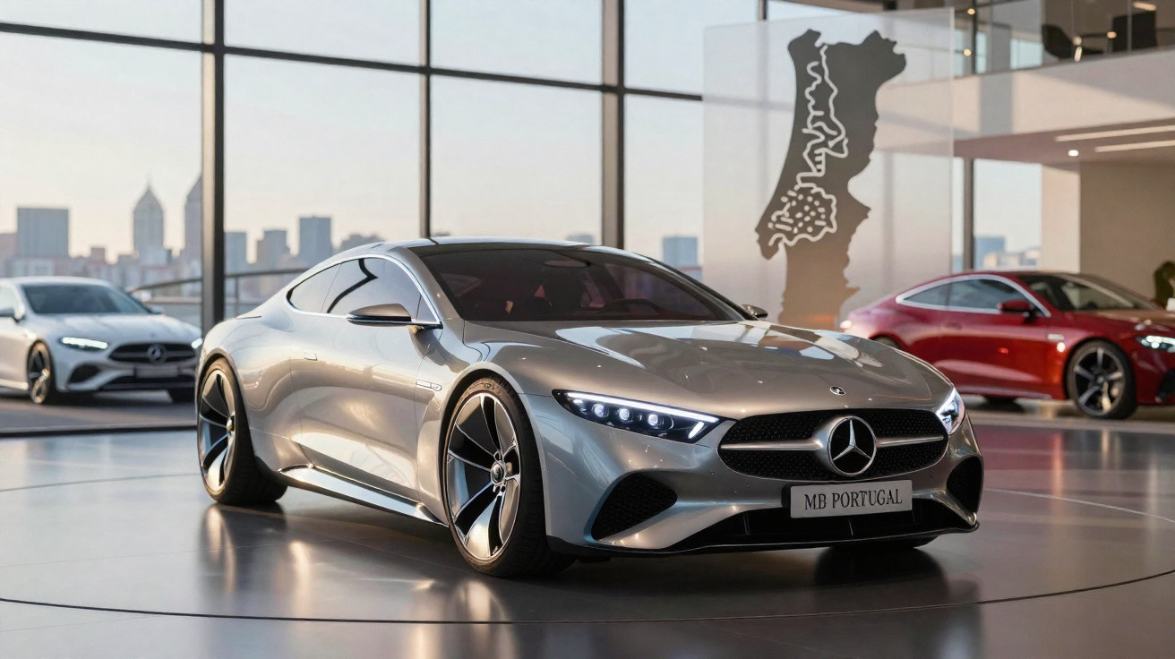Silver Mercedes-Benz concept car displayed in a showroom with city skyline visible through large windows.