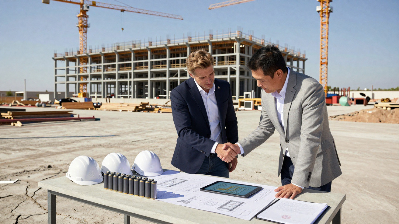 Two businessmen shaking hands over construction plans at a site with cranes and a steel-frame building.