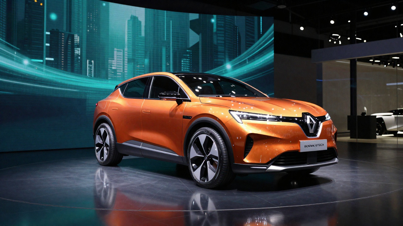 Sleek orange Renault electric SUV displayed on a reflective platform with futuristic cityscape backdrop.