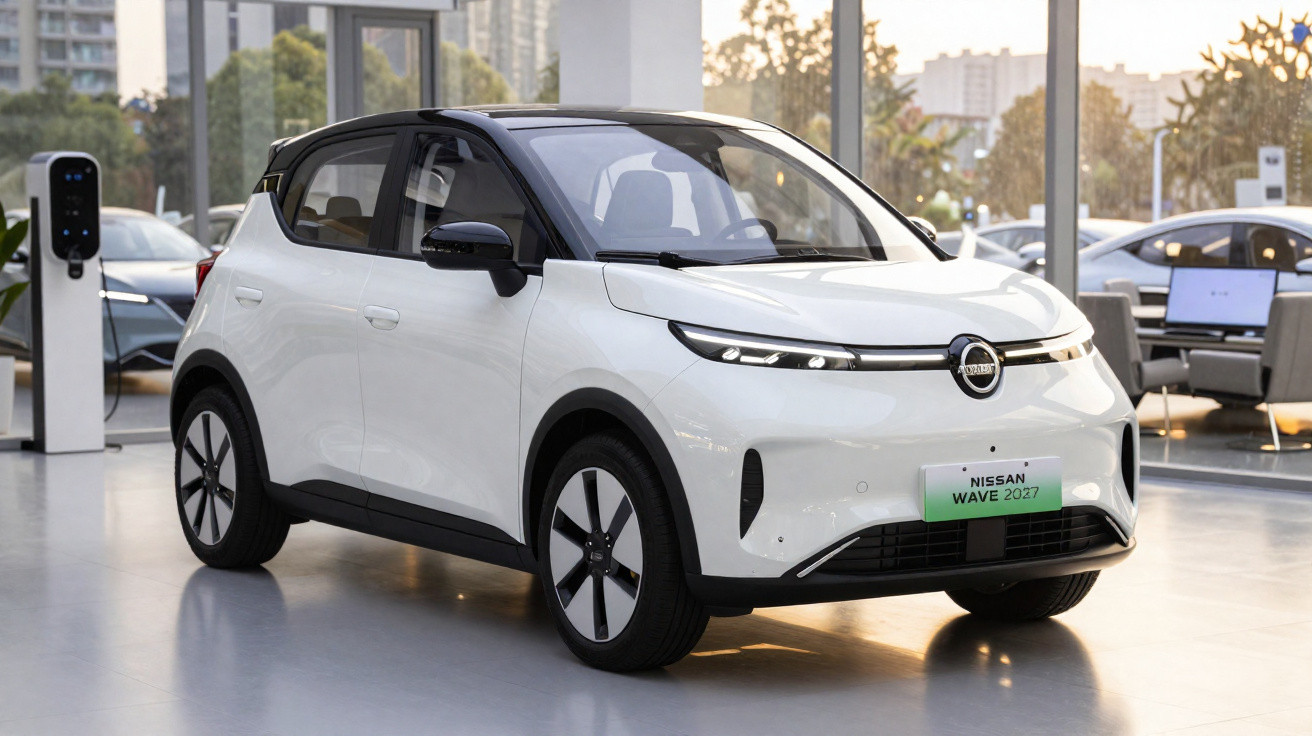 White Nissan Wave 2027 electric compact hatchback displayed indoors near a charging station.