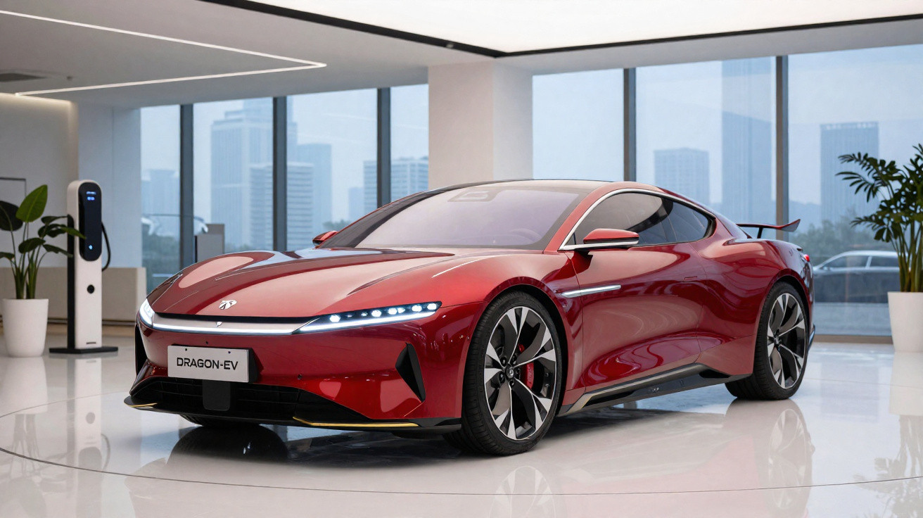 Red Dragon-EV electric sports car displayed indoors with cityscape visible through large windows.